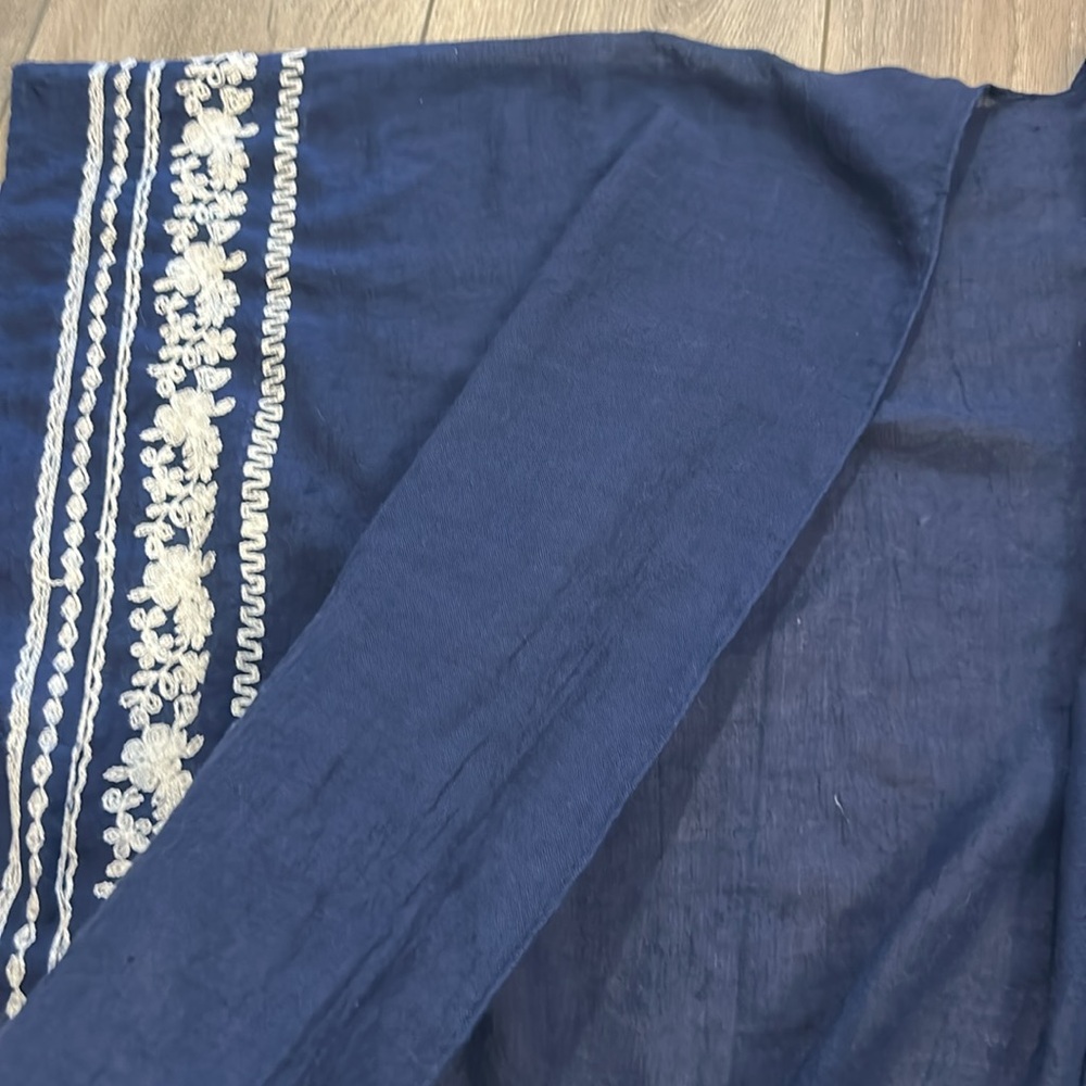 Navy Blue Open Kaftan Beach Coverup w/White Embroidery One Size - Anthropologie - Picture 3 of 5